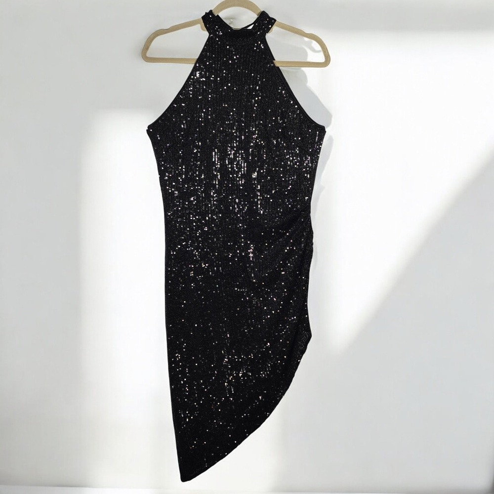 LUCY PARIS Black Sequin Halter‎ Neck Asymmetrical Midi Dress Woman Small Lined